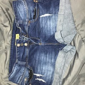 high waisted Dark Blue Distressed Shorts